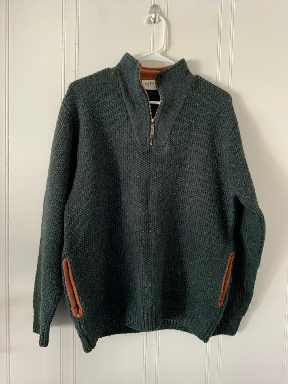 Orvis Dark Green Quarter-Zip Sweater with Brown Trim